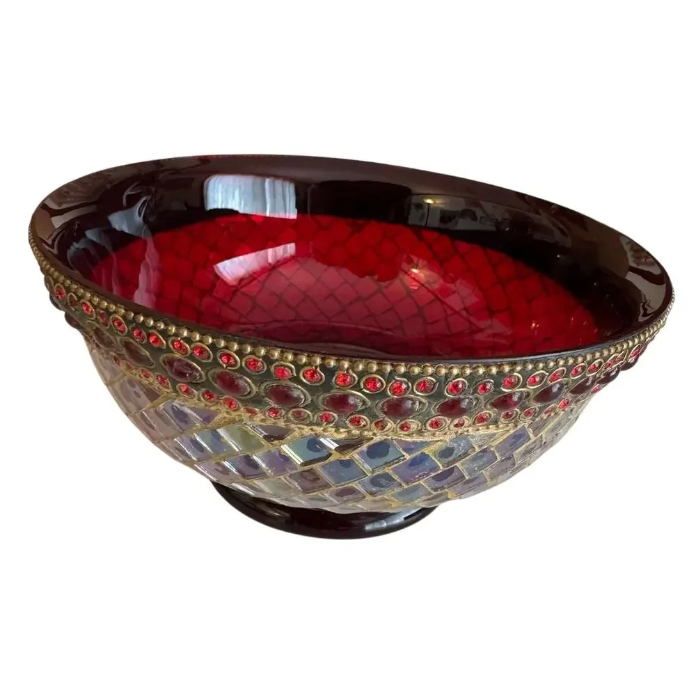 VTG Z Gallerie Ruby Mosaic Pedestal Bowl Iridescent Glass Jeweled Centerpiece